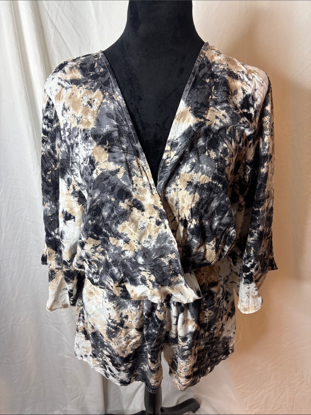Bar III Black, White & Tan Tie-Dye Wrap Romper